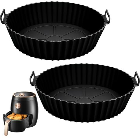 2 Pièces Moule en Silicone pour Friteuse à Air Chaud, 20cm Accessoires Réutilisables en Silicone pour Friteuse à Air Chaud, Rond Accessoires pour Moules en Silicone Airfryer, Silicone Pot Liners, Noir
