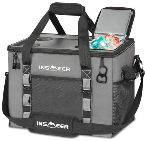 INSMEER Kühltasche Gross 40L, 70 Dosen Kühltasche Faltbar - XXL Kühltasche Isoliertasche Thermotasche mit Öffner/Verstärkte Hartern Seiten/2 Cup Haltern in Top, für Picknick, Camping, Strand, Reise
