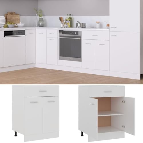 Somanki Schubunterschrank, Küchenunterschrank, Küchenschränke, Küchenmöbel, Unterschrank, Kitchen Furniture, Weiß 60x46x81,5 cm Spanplatte