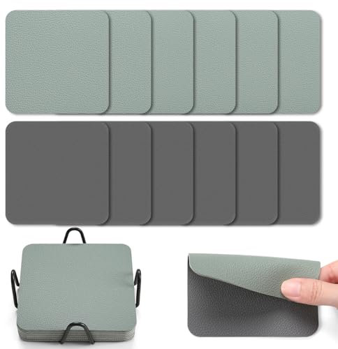 Myir JUN Untersetzer Gläser 12er Viereckige Glas Untersetzer Set 10cm Doppelseitige Untersetzer Teller Wasserfeste rutschfeste Untersetzer mit Untersetzerhaltern(Grau Salbeigrün)