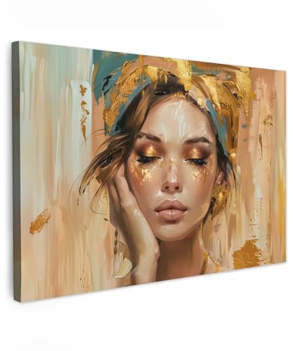 MuchoWow© Impression sur Toile Photo Peinture 120x80 cm Tableau Decoration Murale Chambre Salon Maison Deco Cuisine Femme - Portrait - Or - Luxe