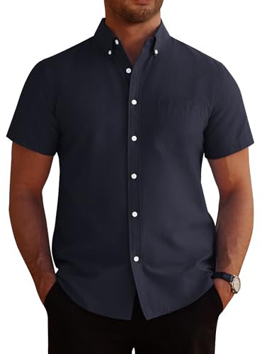 J.VER Men's Cotton Shirts Short Sleeve Smart Casual Shirt Non Iron Regular Fit Button Down Oxford Business Office Work Summer Dress Shirt Navy Blue M