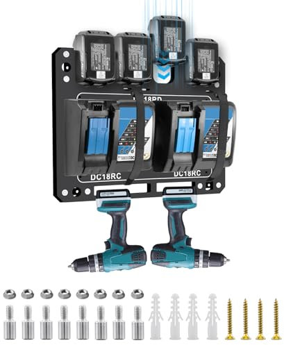 Hksod Wandhalterung für Makita Akkus & Ladegeräte – Fassst 4 Akku + 2 Ladegeräte ,Ladegerätehalter Wandhalterung und für Makita Akku Halterung, Ideal für Ordnung in Werkstatteinrichtung und Garage