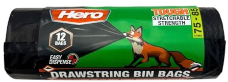 Hero Drawstring Black Bin Bags, 75-85 Litre Fox Proof Heavy Duty Strong & Stretchy Refuse Sacks, Embossed for extra strength, Interleaved (no perforations), Recycled and Tear Resistant - Roll of 12