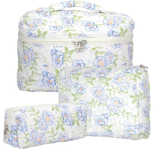 KOMABLEN 3er Set Kosmetiktasche Kulturtasche Damen mit Blumenmuster, Kulturbeutel Make Up Tasche, Tragbare Schminktasche Makeup Bag Waschtasche Groß Frauen Mädchen für Alltag und Reisen