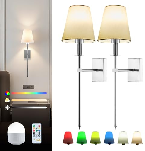 Warmiehomy 5000mAh Battery Operated Wall Lights Set of 2, Rechargeable Wireless Wall Sconces with Remote & Dimmable Bulb, 3 Color Temperature & 16 RGB Colors Lamp for Living Room Bedroom, Chrome