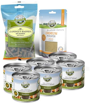 Bellfor Sparset Hundefutter für kleine Hunde – purinbewusste Ernährung mit Insektenprotein: Landgut-Menü 6×200 g, Landgut-Happen 200 g, Immun Pulver 80 g