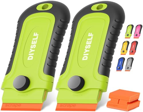 DIYSELF 2 Pack Plastic Scraper Tool Non Scratch with 10 Blades, Green | Glass scraper and window scraper for hobs and cars; sticker remover tool with plastic razor blades for labels and residue