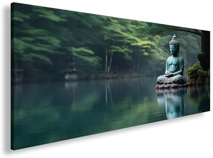 Leinwandbild Buddha am stillen See – Einklang mit der Natur Panorama 100x50cm XXL Wandbild auf Keilrahmen/Kunstdruck/Bild Wohnzimmer Dekoration