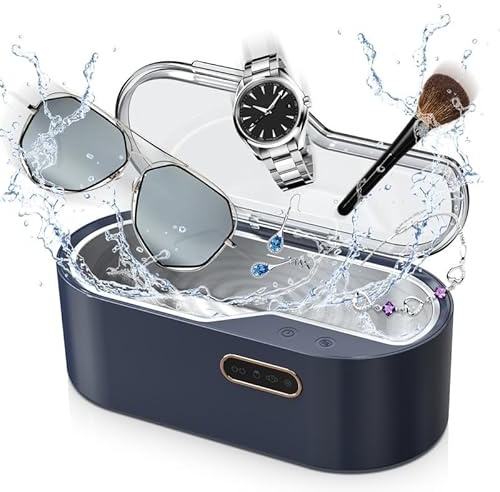 Limpiar Plata Ultrasonico, 450 ml Dispositivo Ultrasónico con 4 Ajustes de Tiempo 45 KHz, Limpiador Ultrasónico Profesional para Joyas, Gafas, Relojes, Plata, Anillos (Azul)