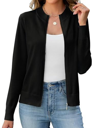 Enqoole Strickjacke Damen Kurz Langarm Reissverschluss Pullover Cardigan | Leichte Trachtenjacke mit Stehkragen, Baumwolle, Weiches Material, Eleganter & Vielseitiger, Geeignet für Büro und Freizeit