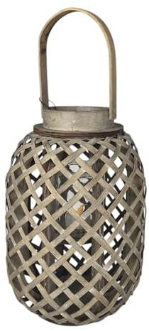 Laterne aus Holz + Rattan, 30cm groß, Windlicht aus Glas Boho Korbgeflecht Natur