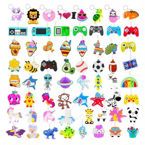 Ruispeed 64 Porte-clés Enfants Anniversaire – avec Licorne, Dinosaure, Animaux, Donut & thèmes de Jeu, idéal comme Cadeaux, Prix & Remplissage