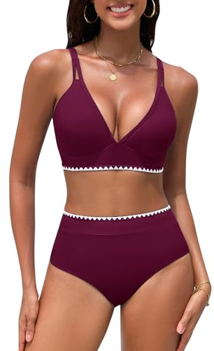 UMIPUBO Bikini Mujer Cintura Alta Push Up Cuello En V Bañadores Traje De Baño 2 Piezas Pliegues Reductores Control Abdominal Talle Alto Sexy Detalles De Concha Biquinis Conjunto