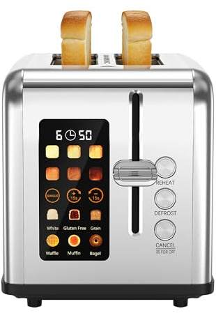 Toaster 2 Scheiben, LED-Touchscreen, Edelstahl Langschlitztoaster, 6 Bräunungsstufen, 6 Brotprogramme, Auftau-, Aufwärm- & Stoppfunktion, 880W (2 Scheiben)