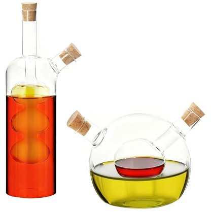 Relaxdays Essig-Öl-Flasche 2er Set, 2 in 1, Öl-Essig-Spender, 2 Größen, mit Korken, Öl-Dosierer, Glas, transparent