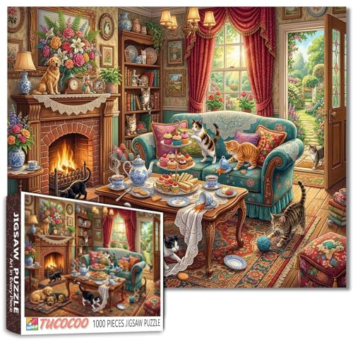 Cat and Dog Jigsaw Puzzle, 1000 Piece Puzzle for Adults, Colourful Animals, Cosy Home, Puzzle, Afternoon Tea Party, Cute Pets, Vintage Puzzle, Living Room, 50 x 70 cm, Funny