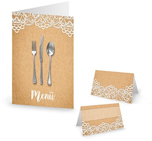 Logbuch-Verlag Set 10 Menükarten + 25 Tischkarten weiß beige natur cremefarben Namensschilder Hochzeit Geburtstag Kommunion