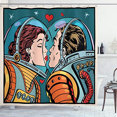 ABAKUHAUS Liebe Duschvorhang, Cartoon Kuss in Space, Stoffliches Gewebe Badezimmerdekorationsset mit Haken, 175 x 180 cm, Teal Orange