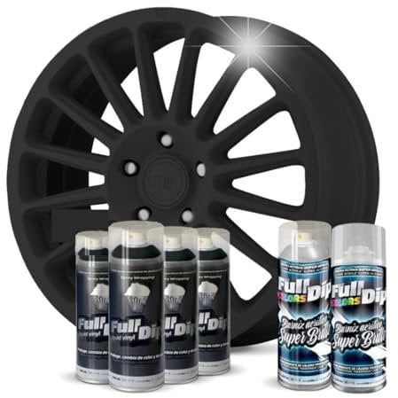 AutoFullCar - Pack Llantas - Sprays Full Dip - Negro Extra Brillo - 4 Sprays Negros 2 Sprays Acabado Brillo - Vinilo Líquido - 400 ml. Unidad