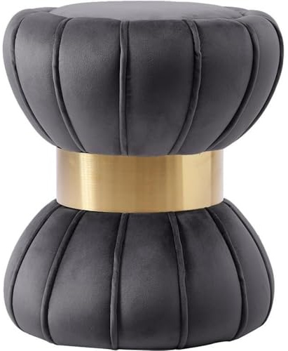 Meridian Furniture Vino Collection Modern | Contemporary Velvet Upholstered Hourglass Shaped Ottoman/Stool with Gold Finished Stainless Steel Band, 15.5 W x 15.5 D x 17 H, Grey