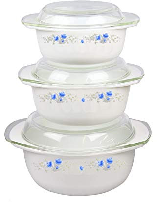Occasions 3pc Glass Casserole Dish with Lids – 1L, 1.5L & 2.5L Round Glass Casserole Set with Lids Opal Glassware (Blue Floral)