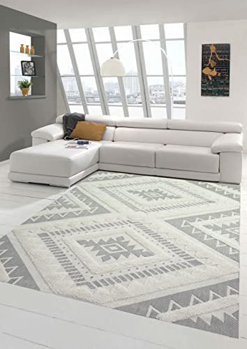 Teppich-Traum In- & Outdoor Teppich Sisal Wohnzimmer Wintergarten orientalisches Rautenmuster gezackt mit flauschigem Hoch Tief Effekt in Creme Größe 140x200 cm