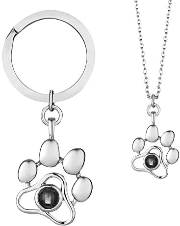 Custom Photo Projection Keyring for Women Personalised Picture Paw Print Pendant 2 In 1 Projection Necklace Keychain, Personalised Birthday Anniversary Memorial Gifts for Girls Mum Dad (silver)