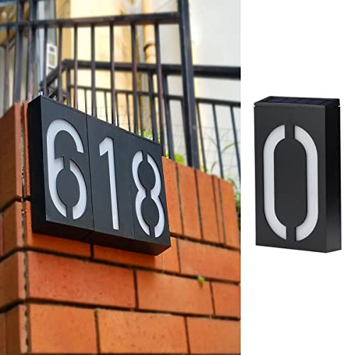 TINYOUTH Numero civico illuminato a energia solare – numero 0, numero civico a energia solare, illuminato per parete, 6 luci LED per numero civico, IP55, impermeabile, per fai da te