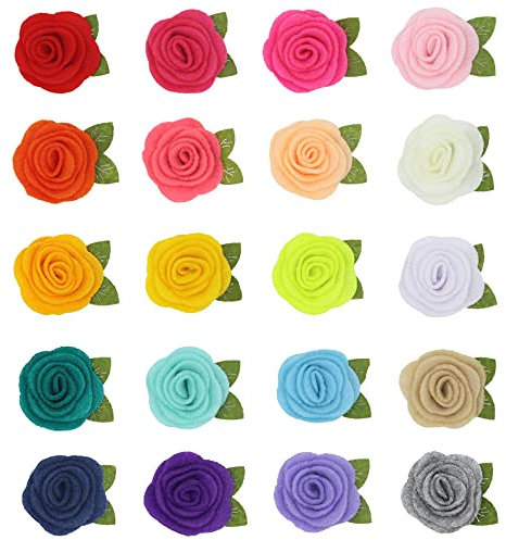 JKJF 20 Stück Filz Rosenblumen mit Blatt Künstliche Rose Blumen Basteln Rosen für DIY Handwerk Kleidung Jeans Taschen Hüte Schuhe Haarschmuck Hochzeit Deko- 20 Farben