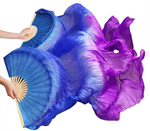 Nimiman Damen 1 Paar (links + rechts) Seide Bauchtanzfächer Schleier Bauchtanz Lang Faltfächer Länge 180 cm Breite 90 cm (Blau Lila)
