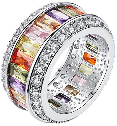 JewelryWe Schmuck Damen-Ring Elegant Bunte Zirkonia Regenbogen LGBTQ Gay Pride Männer Frauen Eternity Ring Verlobung Hochzeit Band Geschenk Größe 57