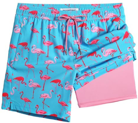 MaaMgic 2 in 1 Pantaloncini da Bagno da Uomo Asciugatura Veloce Costume da Bagno per Surf sulla Spiaggia Multi-funzioni Allenamento con Fodera di Compressione 7 Pollici,Rosa Fenicottero Azzurro 7,XXL