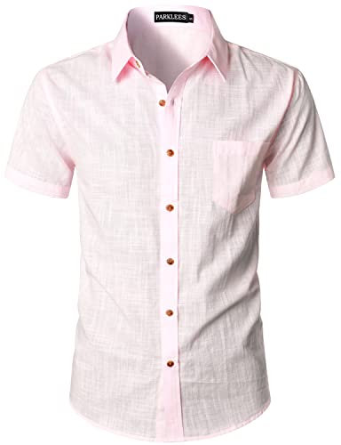 PARKLEES Chemise décontractée à manches courtes en coton et lin pour homme avec poche, rose, 3XL