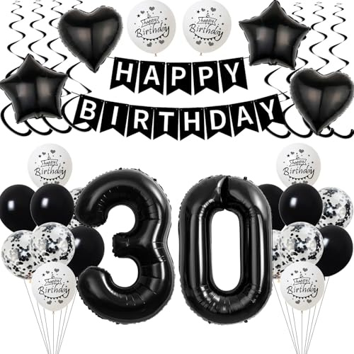 Schwarz Luftballon 30. Geburtstag Dekoration Mann Frauen，deko 30 Jahre Geburtstag Mann,Geburtstagsdeko 30 Jahre Frauen Folienballon 30. Ballon 30. Männer Schwarz