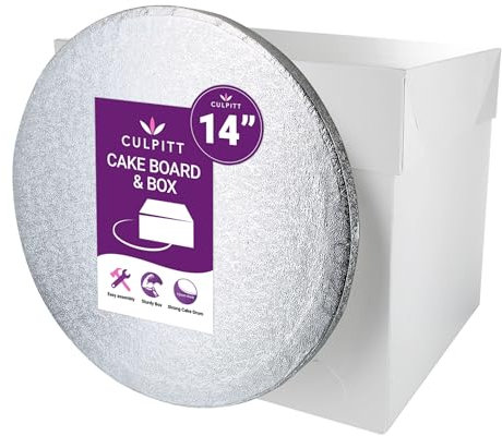 Culpitt 14 Round Silver Cake Drum Board & Tall White Box Combo, 14 x 14 x 12 Inch Square Box and Matching Circle Set for Tiered or Decorated Transport