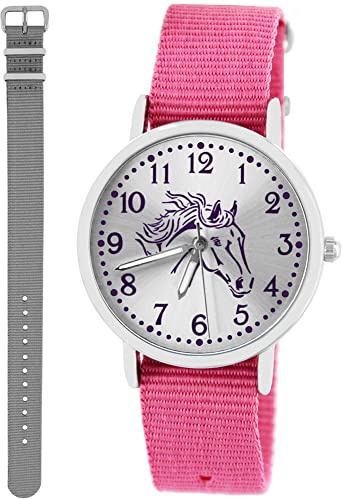 Pacific Time Kinderuhr Mädchen Pferdeuhr Geschenk-Set Rosa 2 Armbänder | Geschenk für Mädchen: Pferdeuhr mit violettem Pferdekopf, 2 Armbänder, 5 ATM wasserdicht, günstiger als Einzelkauf