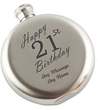 Personalised Engraved 5oz Round Silver Stainless Steel Hip Flask, Happy 21st Birthday Design, Gift for Him, Happy Birthday Gift, Laser Engraved in The UK