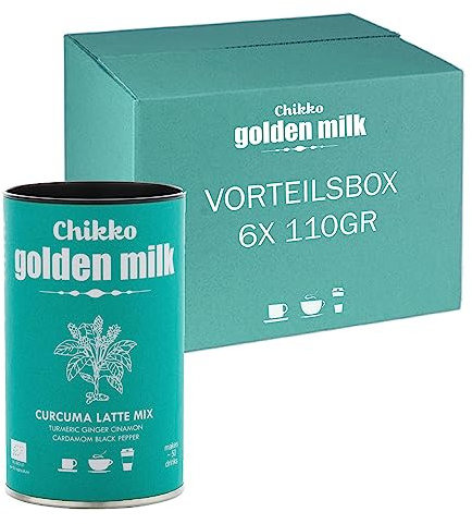 Chikko Not Coffee Leche Dorada en Polvo 6x 110g - Latte de cúrcuma bio, canela, jengibre, cardamomo y pimienta negra - Sin azúcar y sin leche en polvo