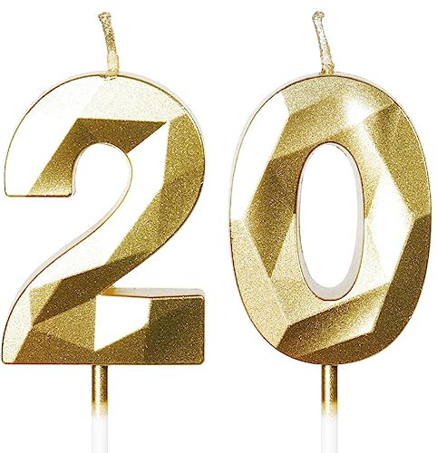 Bougies d'anniversaire pour 20 ans, bougie numéro 20, bougies dorées, bougie d'anniversaire pour gâteau, bougies d'anniversaire, décorations de gâteau pour fête d'anniversaire, mariage