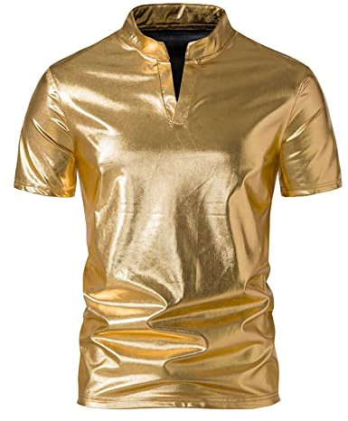 Caxndycing Herren Pailletten Hemd 70er Kurzarm Disco Party Kostüm 70er 80er Jahre Kostüm Motto Party Hippie Silvester Karneval Fasching Party Glänzend Bluse Party Hippy Kostüm