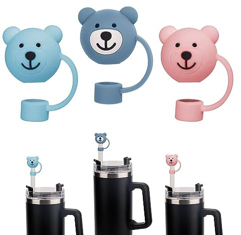 3pcs Bear Straw Covers Cap for Stanley Cup 40 oz, Cartoon Soft Straw Protector Cover Cute Straw Covers Cap Silicone Straw Tips for Stanley 20/30/40oz (Blue, Light Blue, Pink)