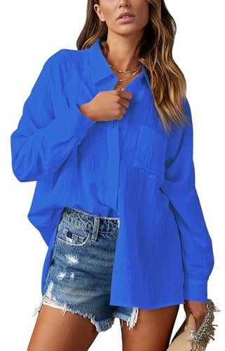 NONSAR Chemisier élégant pour femme - Col en V - Manches longues - Décontracté - Tendance - Tunique élégante - Avec poche, bleu roi, XL