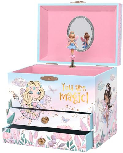 Giggle & Honey Musikalische Fee Schmuckkästchen für Mädchen - Kinder Musik-Box mit Fee und Spiegel, Geburtstagsgeschenke für Mädchen, Kinder-Schmuck-Boxen für Altersgruppen 3–10-17,1 x 13,3 x 15,2 cm