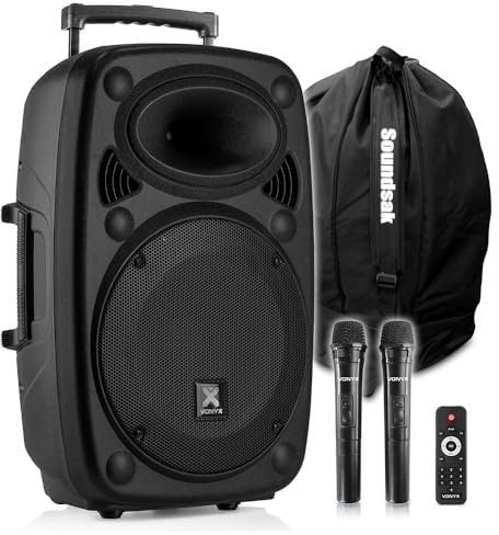 VONYX Verve38 12 Portable PA System with Dual Wireless Microphones, Speaker Bag, Bluetooth, USB MP3 Player & Rechargeable Battery – 800W Outdoor Speaker Kit for Events & Fitness Classes