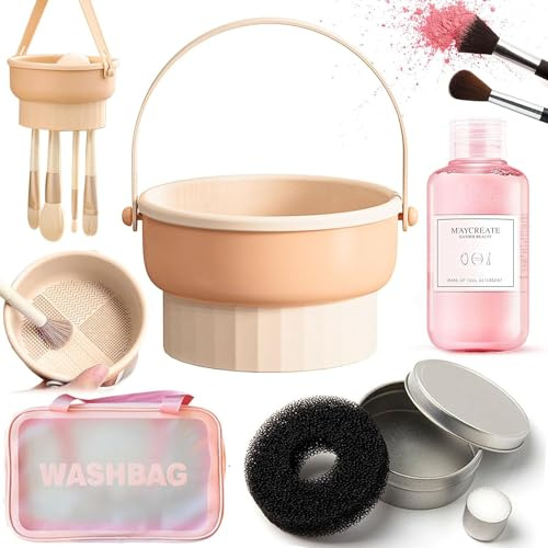 QUKLOGEN 3 In 1 Makeup Brush Cleaning Set Multifunctional Washing Bowl Drying Basket with Handle Silicone Cleaner Mat Removal Cleaner Sponge 150ml/5.12fl.oz Professional Makeup Brush Cleaner (Yellow)