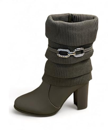 Pogolino Damen Stiefeletten Absatz elegant Glitzer Schnalle Stiefel Herbst Winter High Heels (570 Khaki 39)