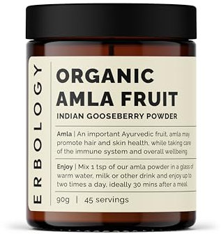 Erbology Polvo orgánico de amla 90 g, 45 porciones, grosella espinosa india, regeneración de la piel y el cabello, rico en vitamina C, de origen sostenible directamente de la granja en la India, lote