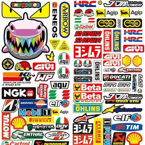 90-teiliges Aufkleber Auto Tuning Set - Motorrad Dekor, Scooter, Helmaufkleber, Rallye Aufkleber für Motorräder, Rennwagen, Helme und Mehr (E)