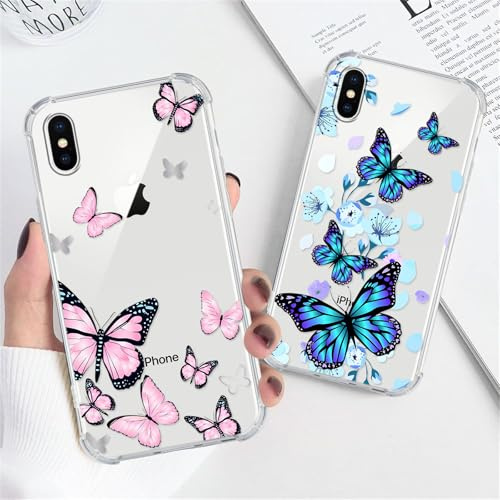Xylota 2 Stück Handyhülle für iPhone X 5,8 Hülle,Durchsichtig Aesthetic Schmetterling Muster Case, Transparent Dünn Silikon Weich TPU Stoßfeste Kratzfest Schutzhülle Frauen Mädchen Cover für iPhone X